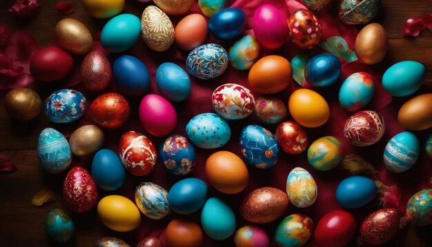 Foto huevo de pascua de fondo una toma de arriba hacia abajo llena de vibrantes huevos de pascua