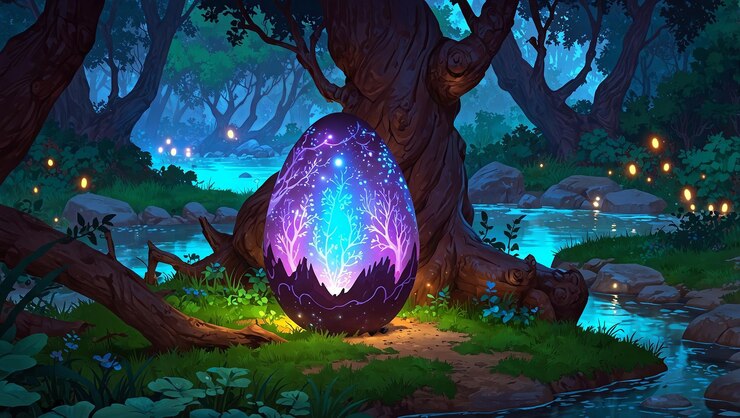 Foto un huevo de pascua mágico brillante en un bosque de fantasía cerca del agua estilo anime