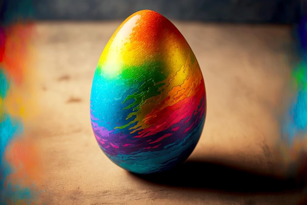 Huevo de pascua multicolor brillante colocado en la mesa para vacaciones