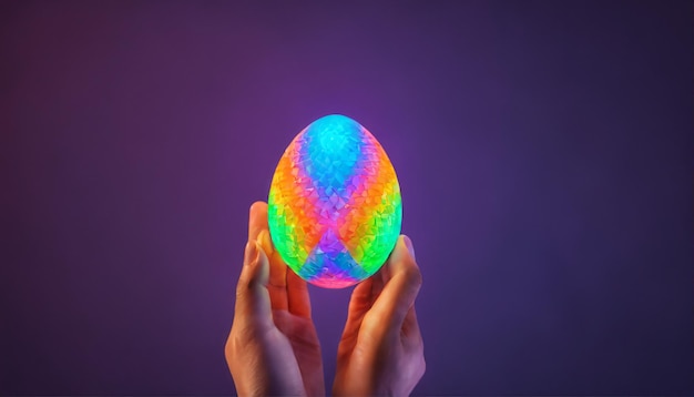 un huevo de Pascua de neón sostenido por la mano de una persona con los colores vibrantes