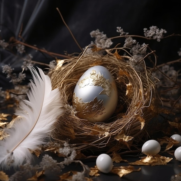 Huevo de Pascua en un nido con plumas en un fondo negro