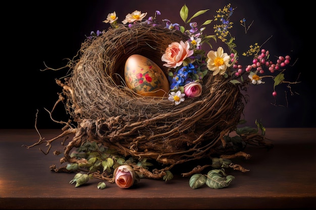 Huevo de pascua en nido retorcido decorado con flores en mesa de madera