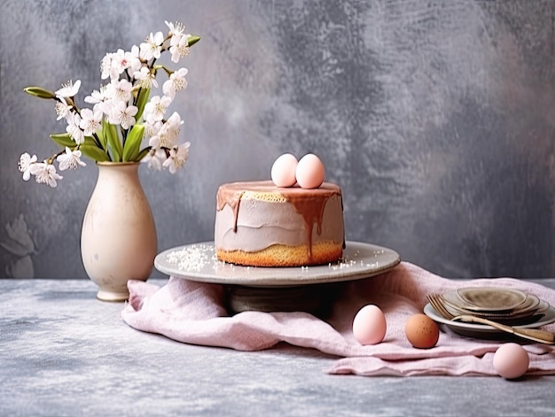 Huevo de Pascua y pastel en el fondo gris de la mesa