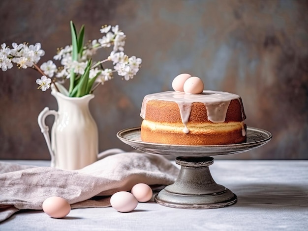 Huevo de Pascua y pastel en el fondo gris de la mesa