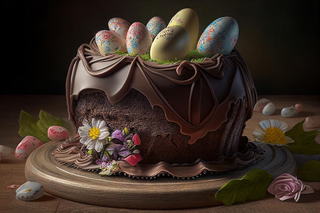 Huevo de Pascua y pastel en la mesa Fondo de Pascua feliz para vacaciones de primavera Pastel de Pascua kulich comida dulce fresca bocadillo de vacaciones comida de postre IA generativa