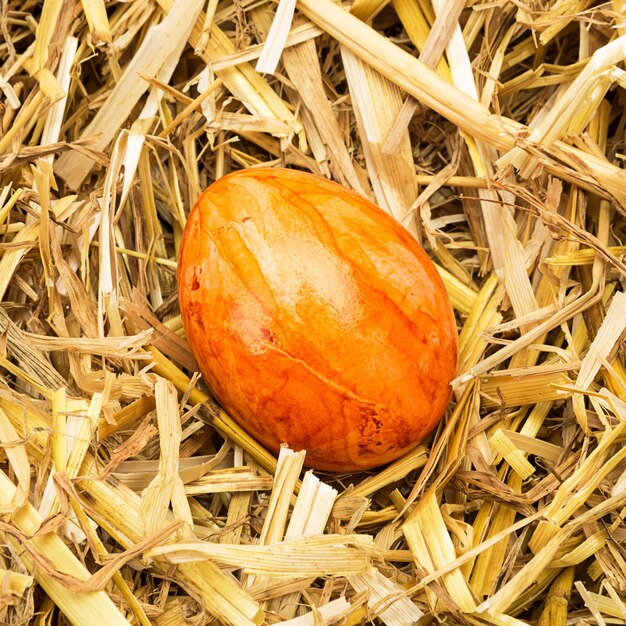 Un huevo de Pascua pintado de naranja sobre paja. Tomada en estudio con una 5D mark III.