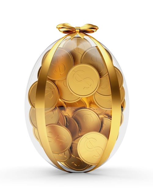 Huevo de Pascua de regalo transparente lleno de monedas de oro