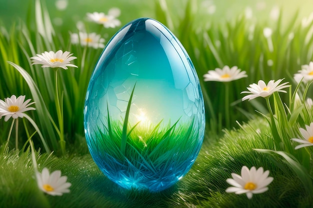 Huevo de Pascua transparente hecho de cristal en azul claro en la hierba