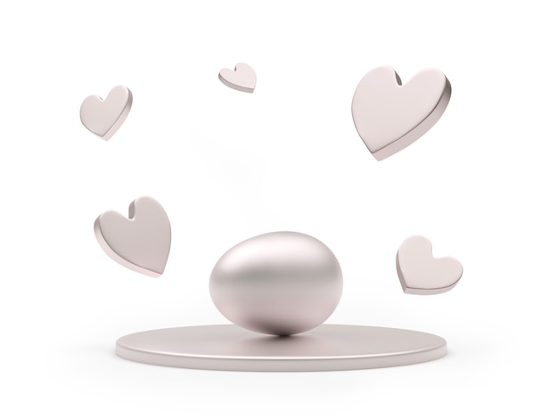 Huevo de plata o perla en un soporte con corazones alrededor