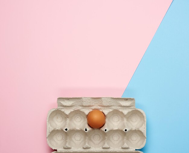 Huevo de pollo marrón entero en una bandeja de papel en un fondo rosa-azul vista superior espacio de copia