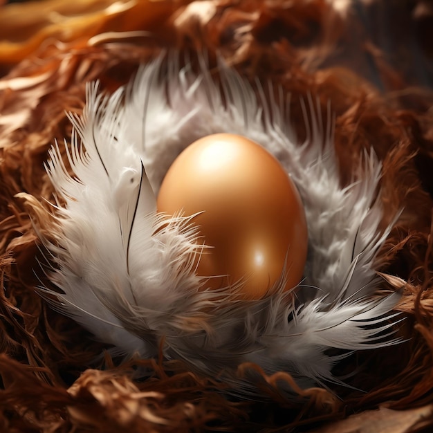 huevo de pollo en nido hecho de plumas y paja dorada