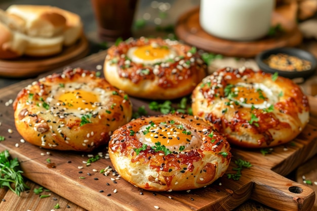 Foto huevo recién horneado en un agujero bagels salpicados de semillas de sésamo servidos en una tabla de madera con leche