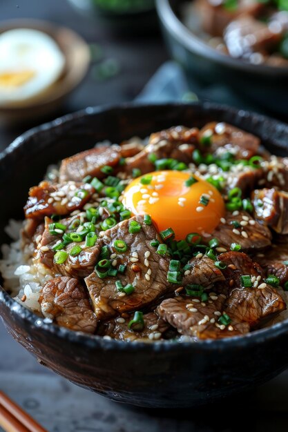 Foto huevo de res japonés gyudon bowl alimentación callejera inteligencia artificial generativa