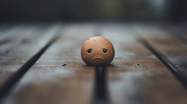 Un huevo triste sentado en una mesa de madera.