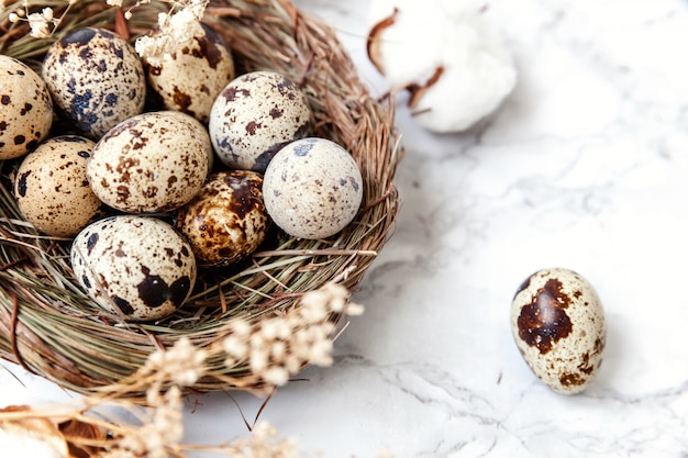 Huevos y algodón sobre fondo de mármol blanco