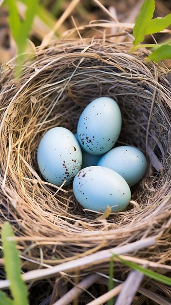 huevos azules de balbuceador común en el nido