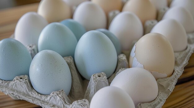 Huevos azules y blancos en una caja