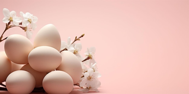 Huevos beige descansando entre las flores de melocotón en una superficie de melecotón que simboliza la serenidad en una exhibición de bandera de Pascua