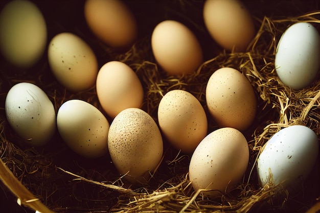 Huevos beige para pascua y eclosión de pollos a partir de huevos creados con ai generativo.