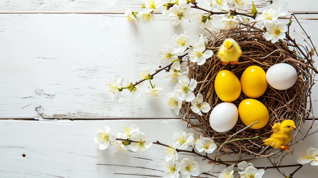 Huevos blancos amarillos dorados en un nido de pájaros ramas de flores de cerezo Generativo Ai