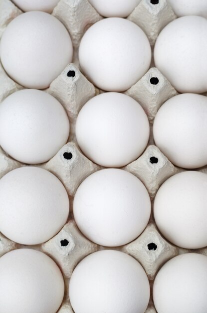 Huevos blancos frescos en caja. De cerca