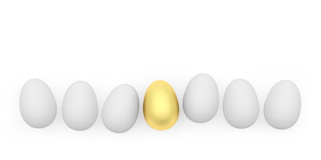 Los huevos blancos con un huevo de Pascua dorado están en una ilustración 3d de fila