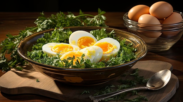 Huevos en un bol con cuchara y tenedor.