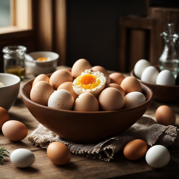 Huevos en un bol sobre mesa de madera