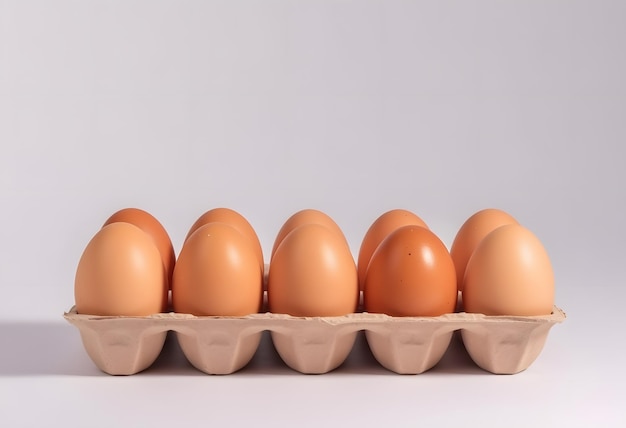Huevos en una caja de cartón contra un fondo blanco IA generativa