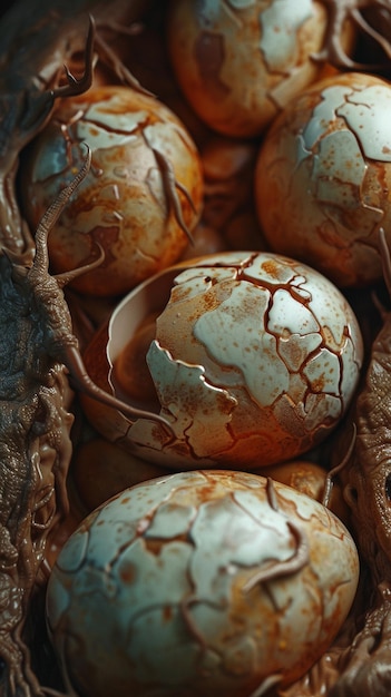 Foto huevos en una canasta con una cáscara agrietada