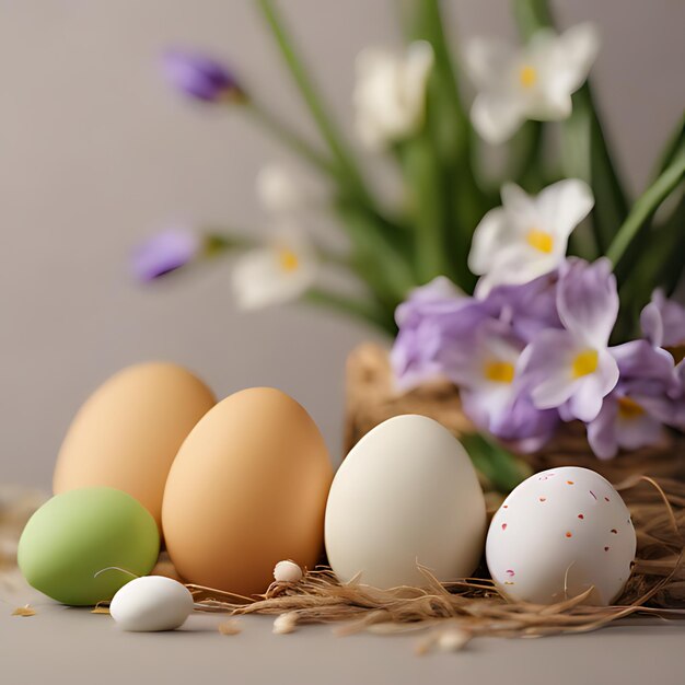 huevos en una canasta con flores púrpuras y flores púrpuras