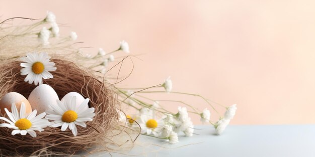 Huevos en una canasta con plantas de primavera y flores sobre un fondo blanco