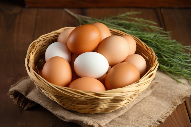 Huevos en una canasta que muestra una fuente de proteína natural.