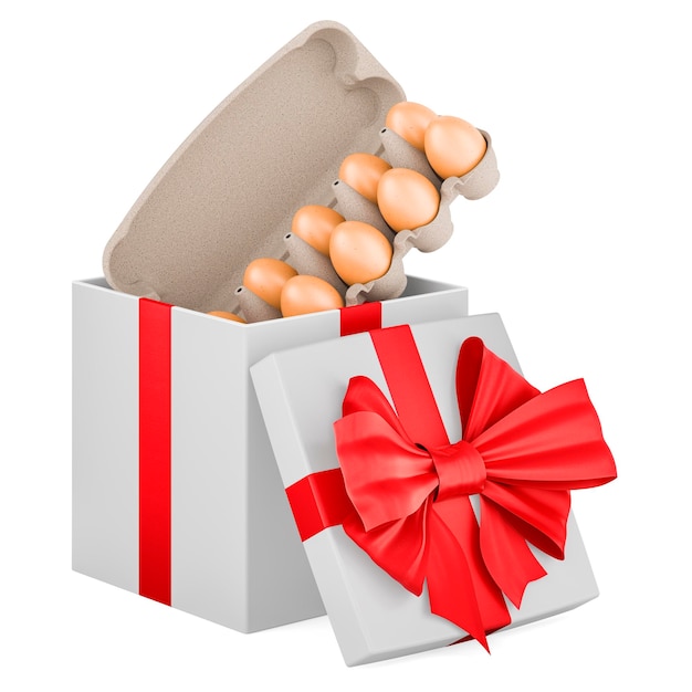 Huevos en un cartón de huevos dentro de la representación 3D de la caja de regalo