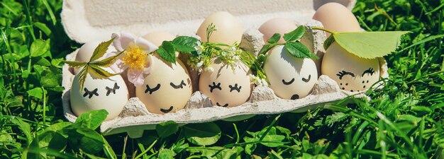 Huevos caseros con caras bonitas y una sonrisa.