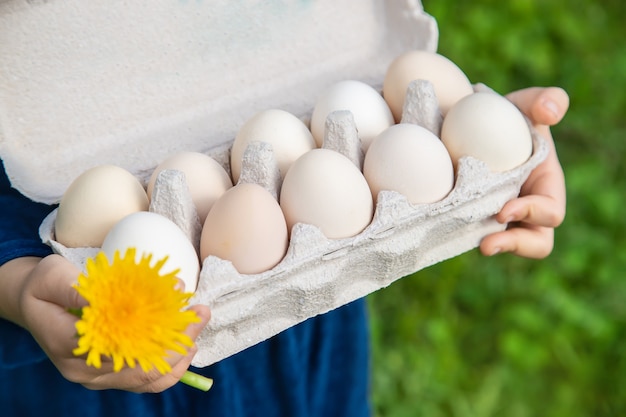 Huevos caseros en manos de un niño.