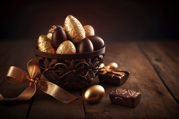Huevos de chocolate en un bol con lámina de oro sobre una mesa de madera