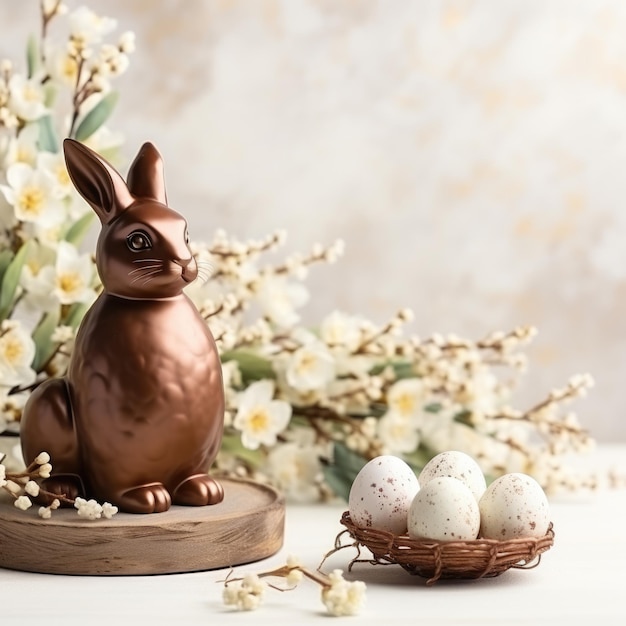 Huevos de chocolate conejo y flores de primavera en el fondo claro ai generado.