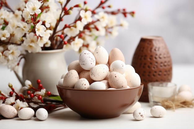 Los huevos de chocolate generan flores de primavera sobre un fondo claro.