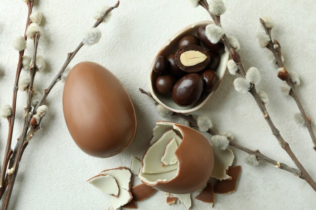 Huevos de chocolate de Pascua y amentos de sauce en la pared con textura blanca