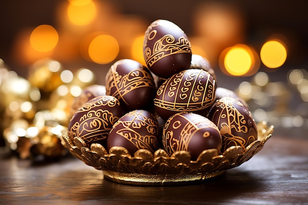 Huevos de chocolate de Pascua en una mesa de madera