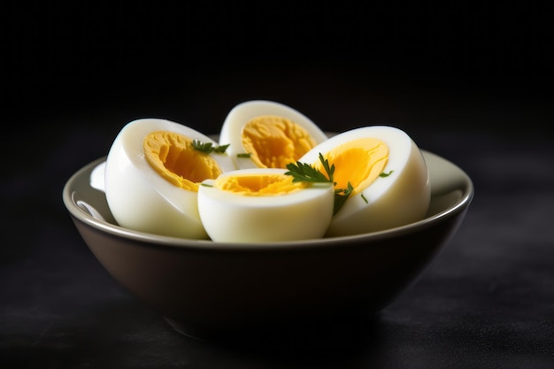 Huevos cocidos en un plato aislado sobre un fondo negro