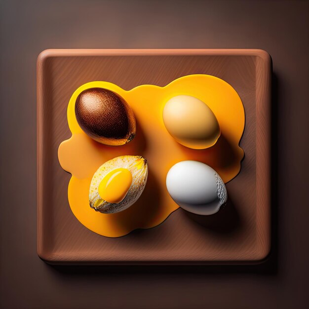 Huevos de codorniz enteros y rotos con yema de huevo sobre fondo de mesa de piedra marrón con sombra