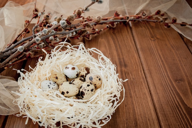 Huevos de codorniz de Pascua en nido y rama de sauce sobre un fondo de madera, espacio de copia