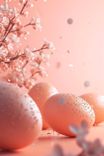Huevos de color melocotón soñador de Pascua con flores de primavera en el fondo Huevos de Pascua futuristas