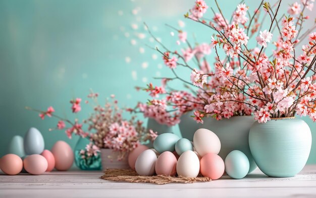 Huevos de colores entre las flores de primavera