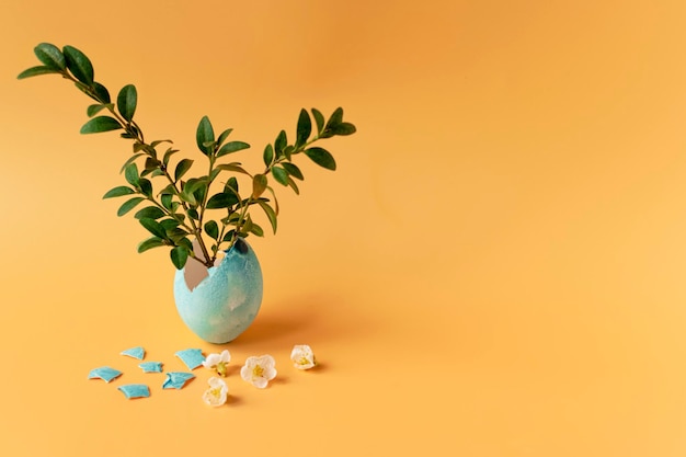 Huevos de colores con hierba verde primaveral y rama de árbol floreciente sobre un fondo naranja Tradiciones familiares de vacaciones de Pascua