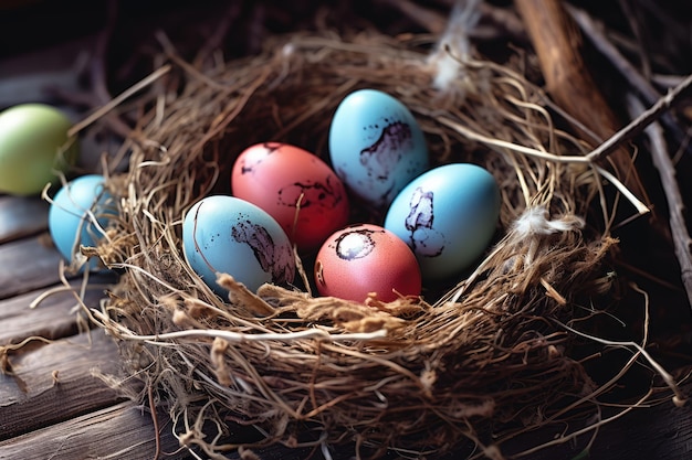 Huevos de colores en un nido