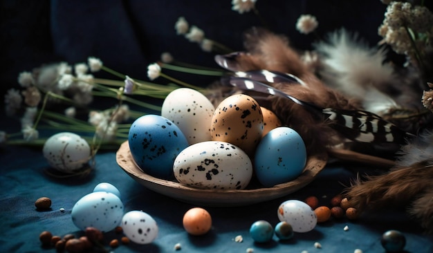 Huevos de colores y plumas sobre un fondo azul oscuro