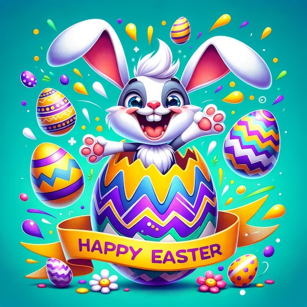 Huevos coloridos y felicitaciones de conejo para la Pascua